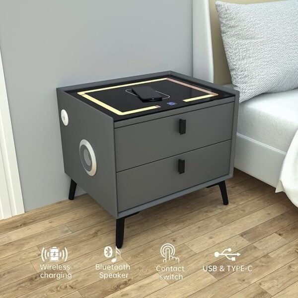 ⏰Today Only R$39.9⏰Smart Nightstands with Wireless Charging Station, USB Port, Modern Nightstands with 3 Color LED Lights and Speaker, Wooden End Side Table for Bedroom, Dorm, 2 Drawers - Image 3